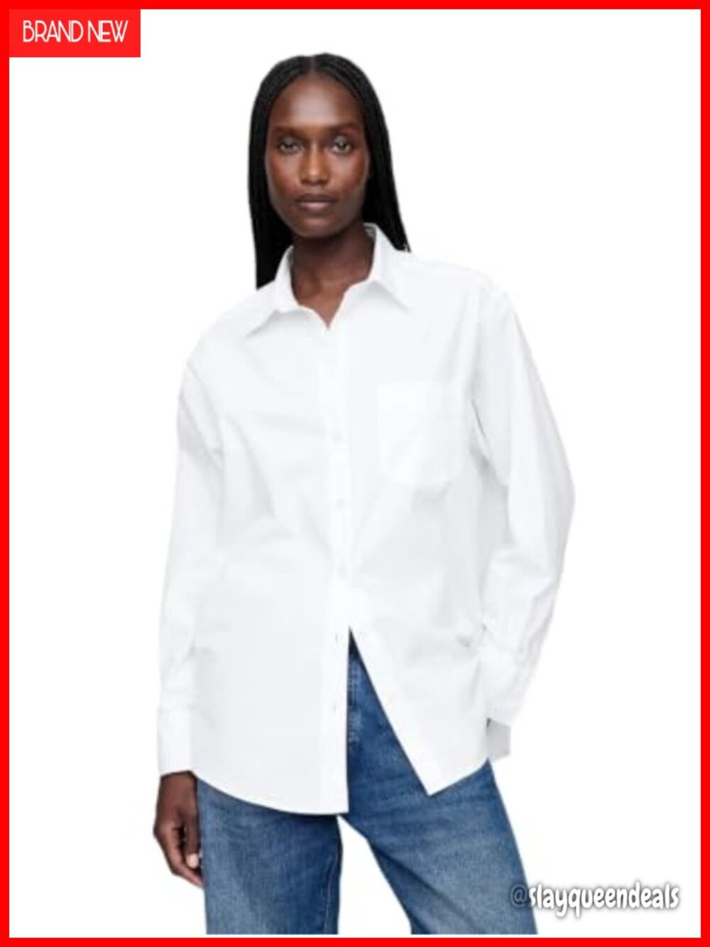 Women's Poplin Big Shirt Oversized Crew Neck Cap Sleeve Button-Down